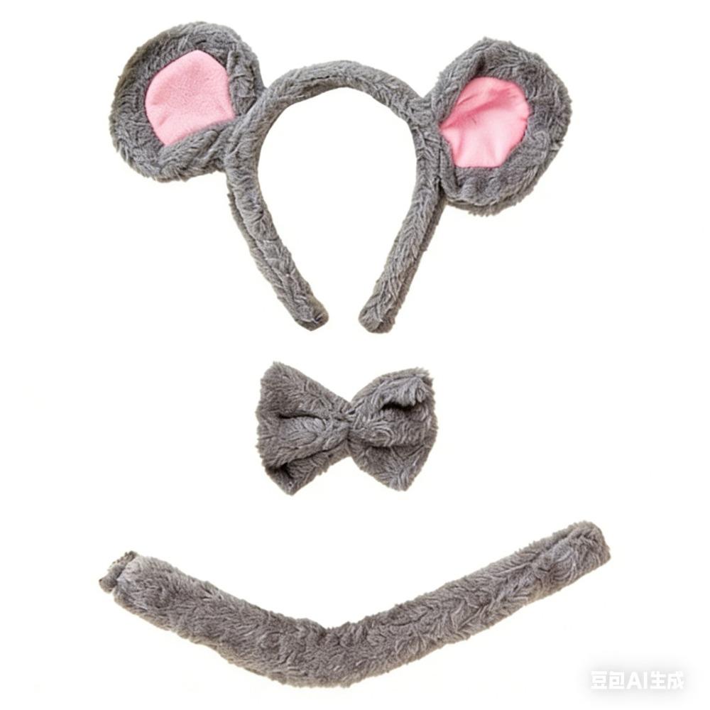 PESENAR Grey Plush Mouse Costume Accessory Set with Ears Headband Bow Tie and Tail темно-серого