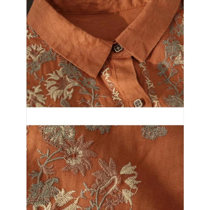 Retro Blouses Women National Shirt Linen Shirt Loose Embroidered Blous Laple Long Sleeve Cardigan Shirts