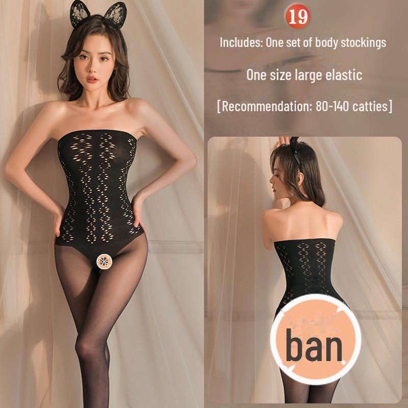 Erotic Black Mesh One-Piece Lingerie Set with Open Stockings - Tempting and Sexy