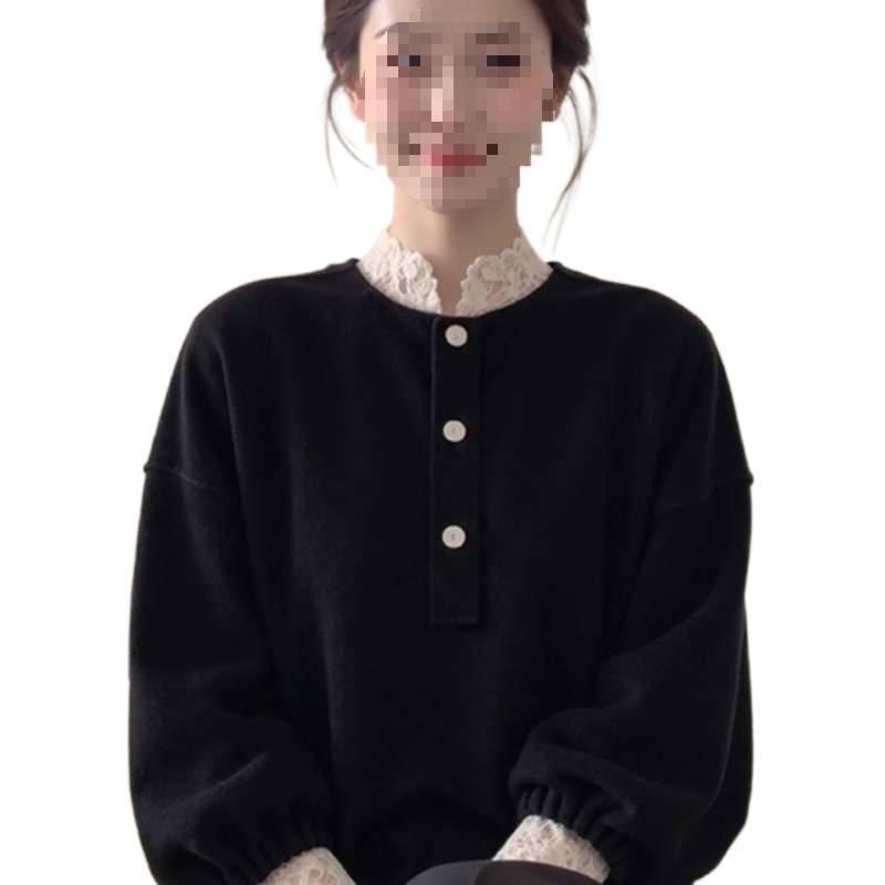 Elegant Black Velvet Lace Trim Women's Top - Chinese Style, Slimming & Versatile for Autumn/Winter 2026.