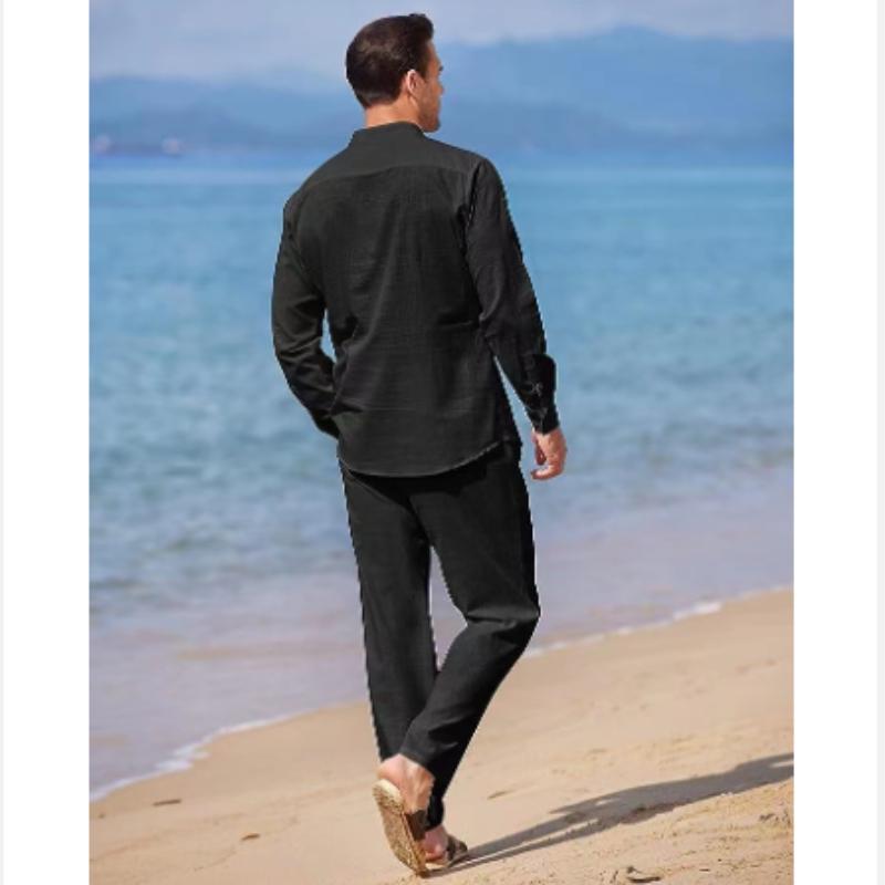 Plus Size Herr Casual Linne Tvådelade Set Europe Style Vintage Basic Toppar och solida byxor Kostym Man Beach Träningsoveraller Set