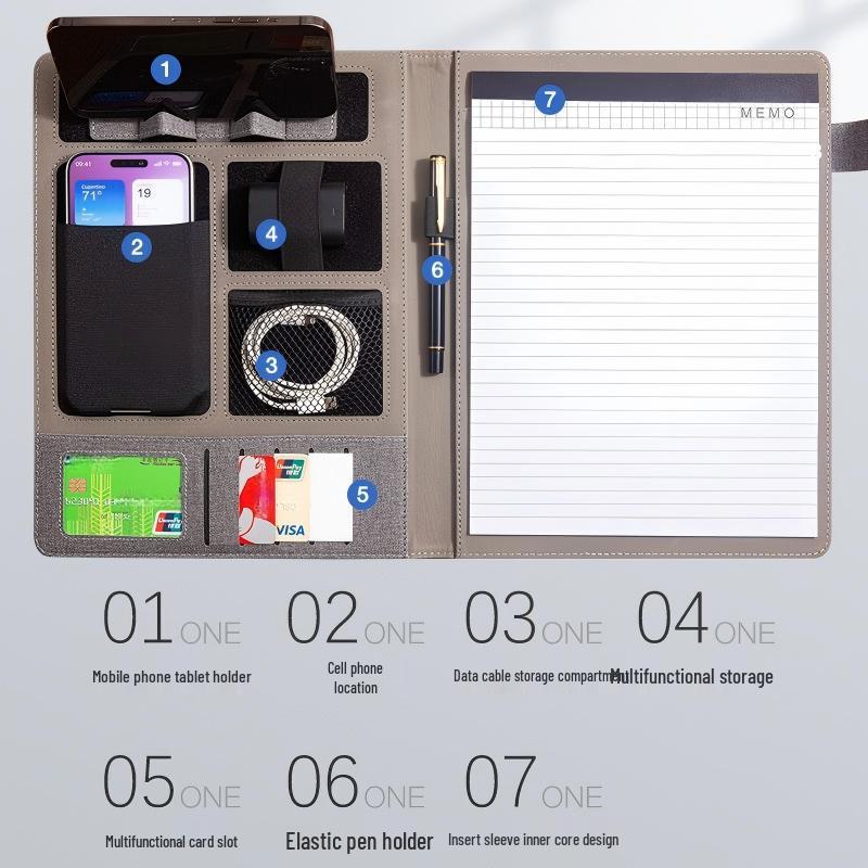 Premium A4 Faux Leather Folder with Magnetic Buckle & Document Clip for Business Meetings