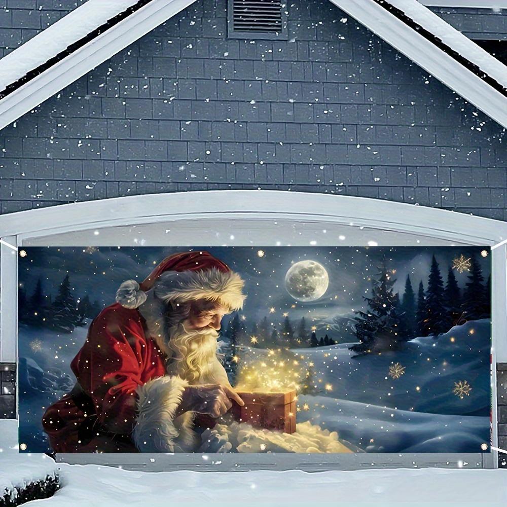 Garage banner - Santa Claus glowing snow scenery with gifts and snowflakes with built-in lighting for winter decoration