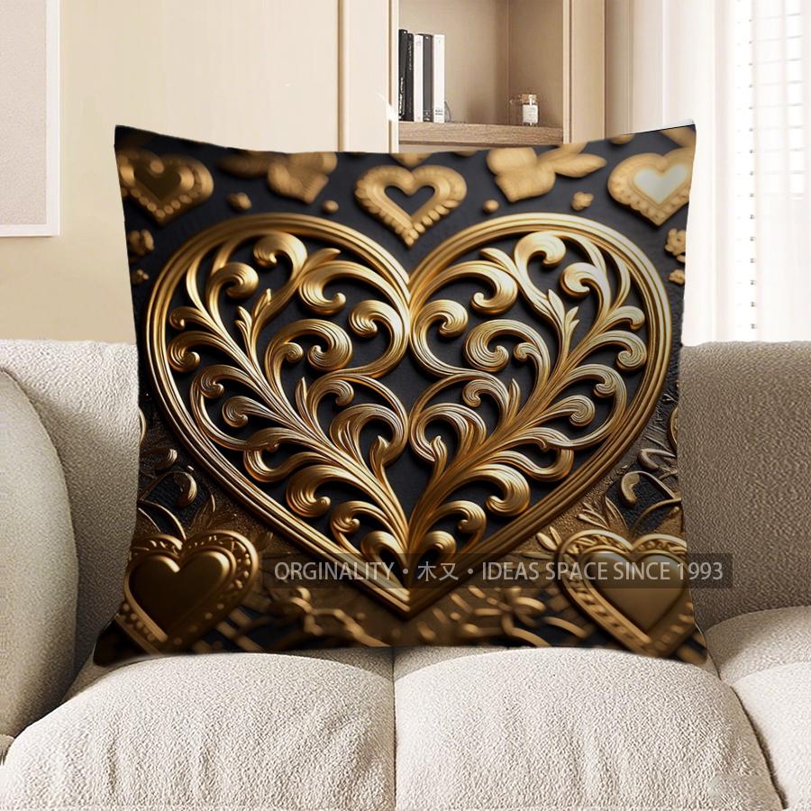2D Gilded Heart Patterns Decorative Pillow Covers Pattern Cushion Cover Suitable For Sofa Bedroom Car Pillow Cover