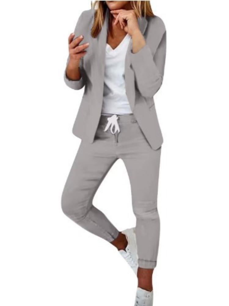 Women's Casual Khaki Suit Set Loose Fit Blazer and Pants with White V-Neck T-Shirt