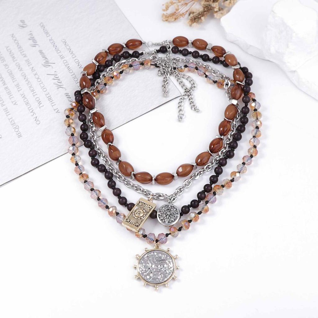 Personality trend retro four-piece set multi-layer stacked alloy geometric coin pendant necklace casual versatile