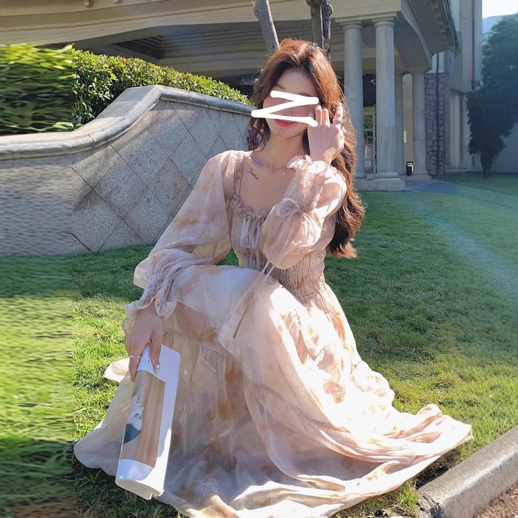 French Printed Chiffon Dress for Women's Spring and Autumn New Gentle Temperament, Thin and Beautiful, Popular Fairy Dress