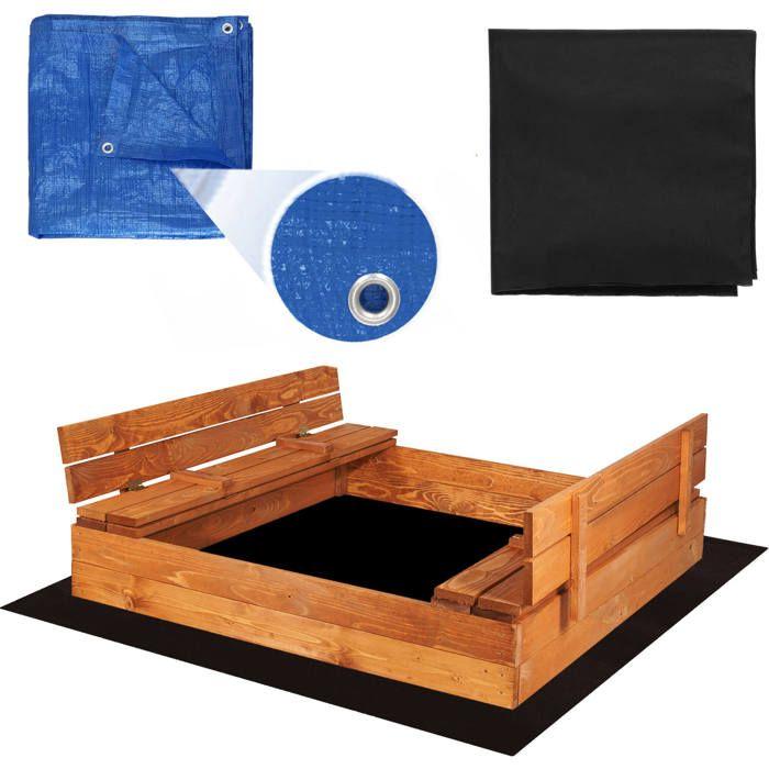 Bac à sable en bois - SPRINGOS - 120x120 cm - Bancs pliables (couvercle) - Géotextile et bâche