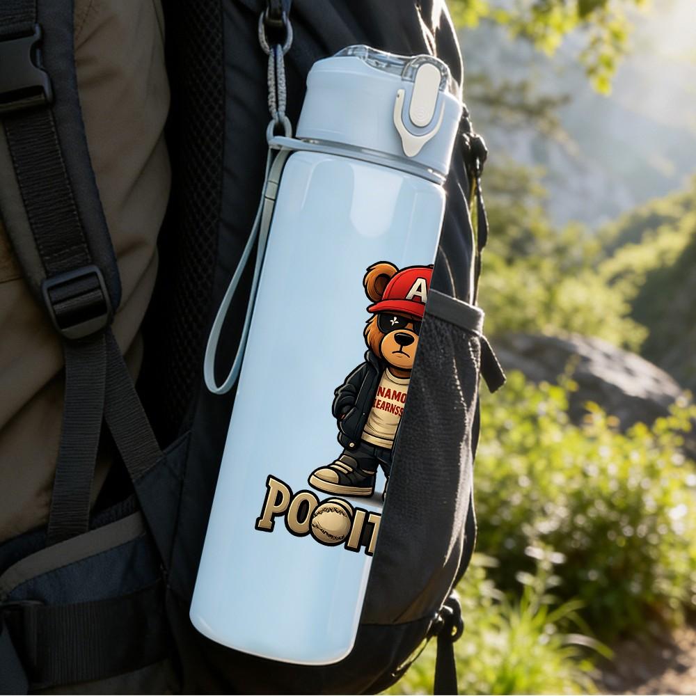 1PC Bear Prison Inmate Cartoon Print 750ml Color Plastic Sports Water Bottle Leakproof Flip Straw Lid Suitable for Sports Office Home Use