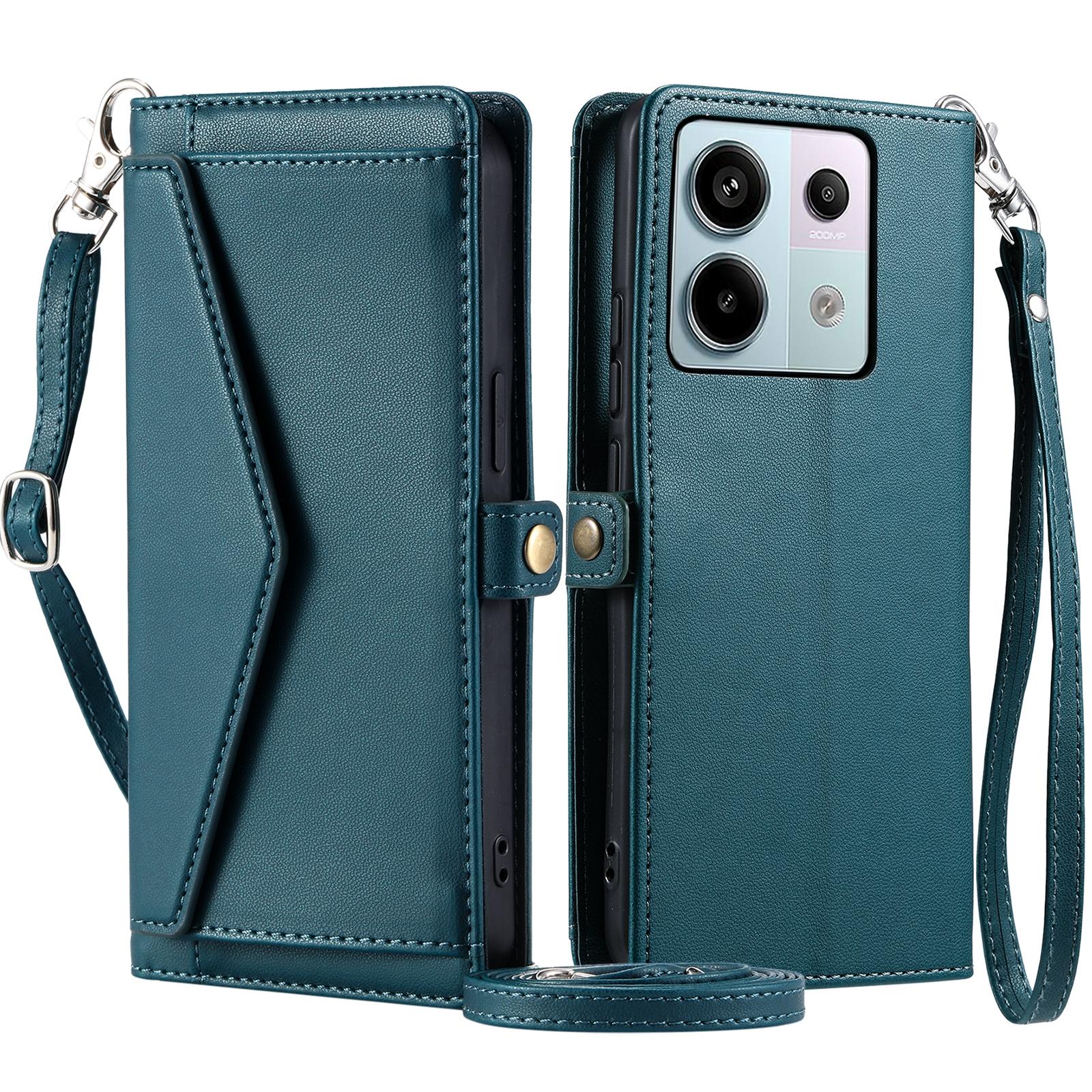 

For Xiaomi Poco X6 5G/Redmi Note 13 Pro 5G Leather Case Wallet Stand Phone Cover with Straps Blackish Green