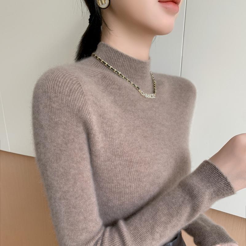 New Women's Slim Fit Cashmere Knit Half-High Neck Sweater for Autumn and Winter