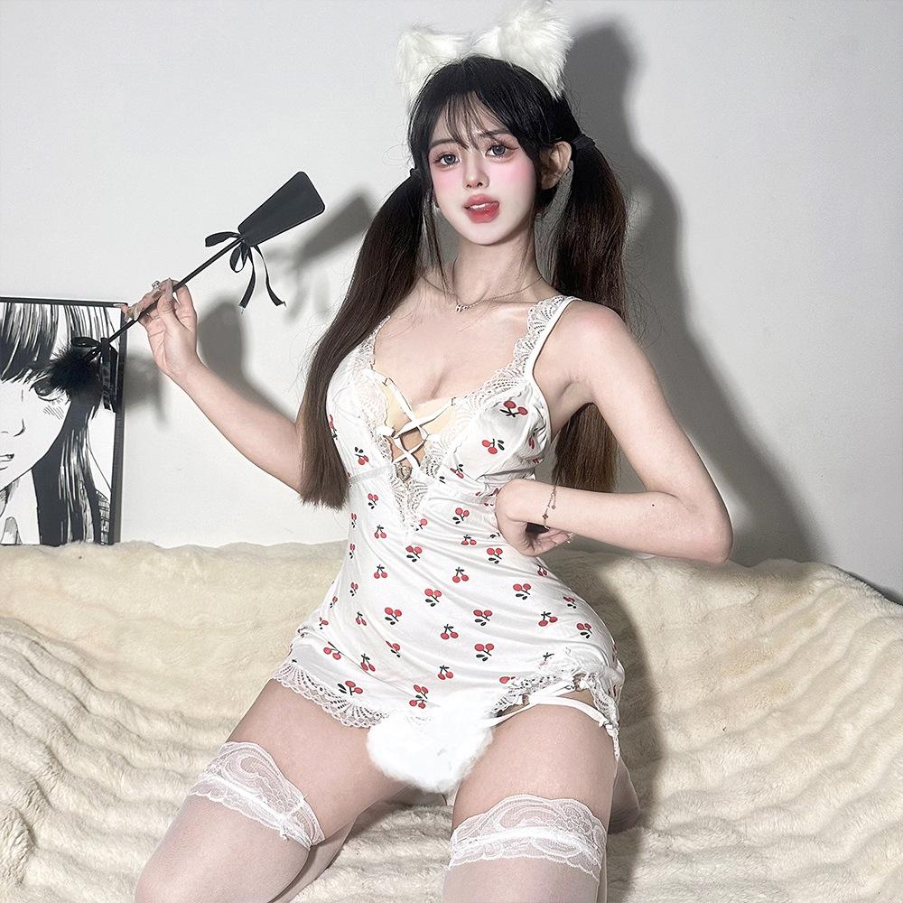 Cream cherry sauce sexy lingerie women's sweet lace nightdress sexy straps hollow sling nightdress