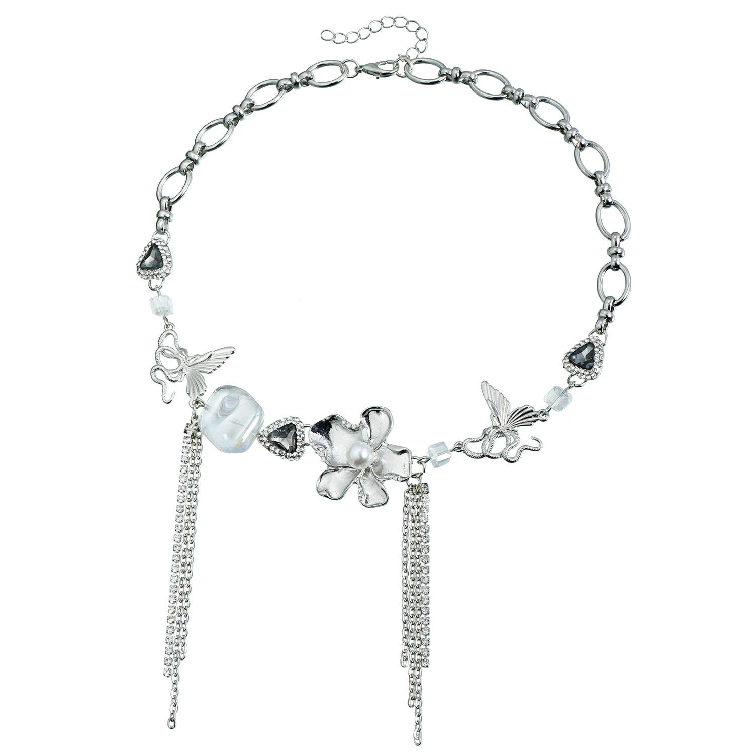 Butterfly Pearl Flower Tassel Shaped Element Splicing Clavicle Chain Light Luxury Flash Diamond Necklace
