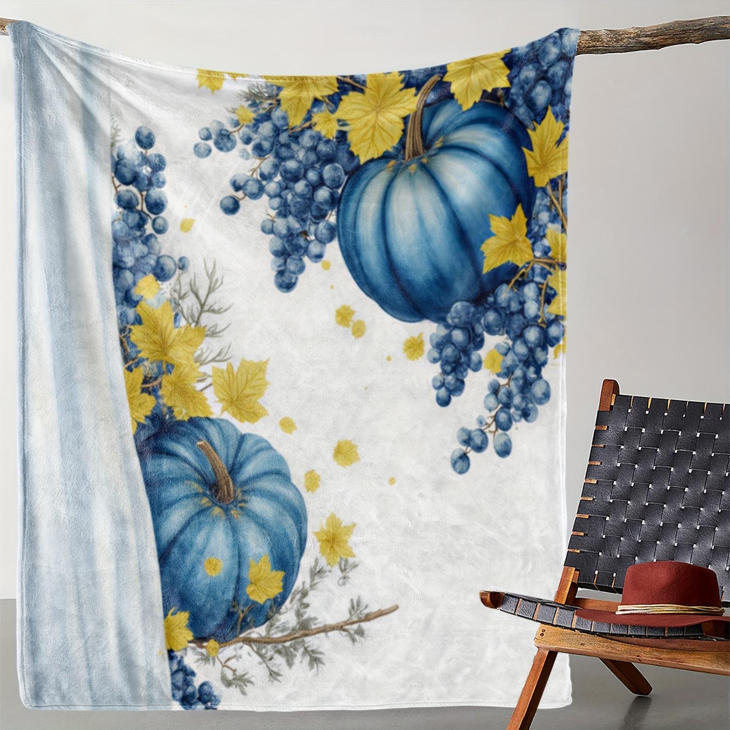 1 Flannel Blanket, Christmas Blue Pumpkin and Grapes Art Print Throw, Warm Cozy Soft Blanket for Sofa Bed Car Office Camping Tra 75x90cm