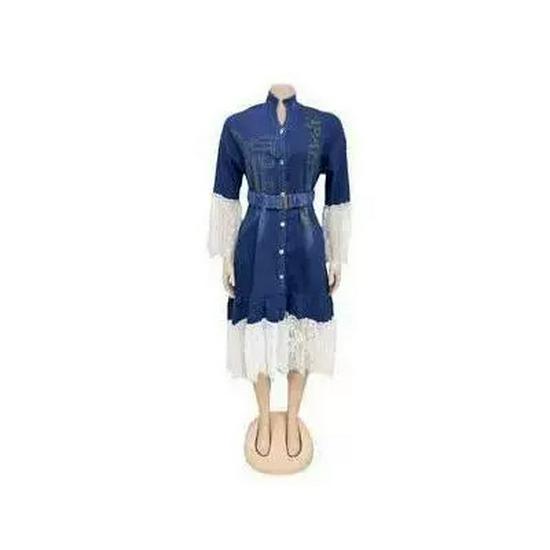 African Style Lace Patchwork Printed Belted Denim Dress
