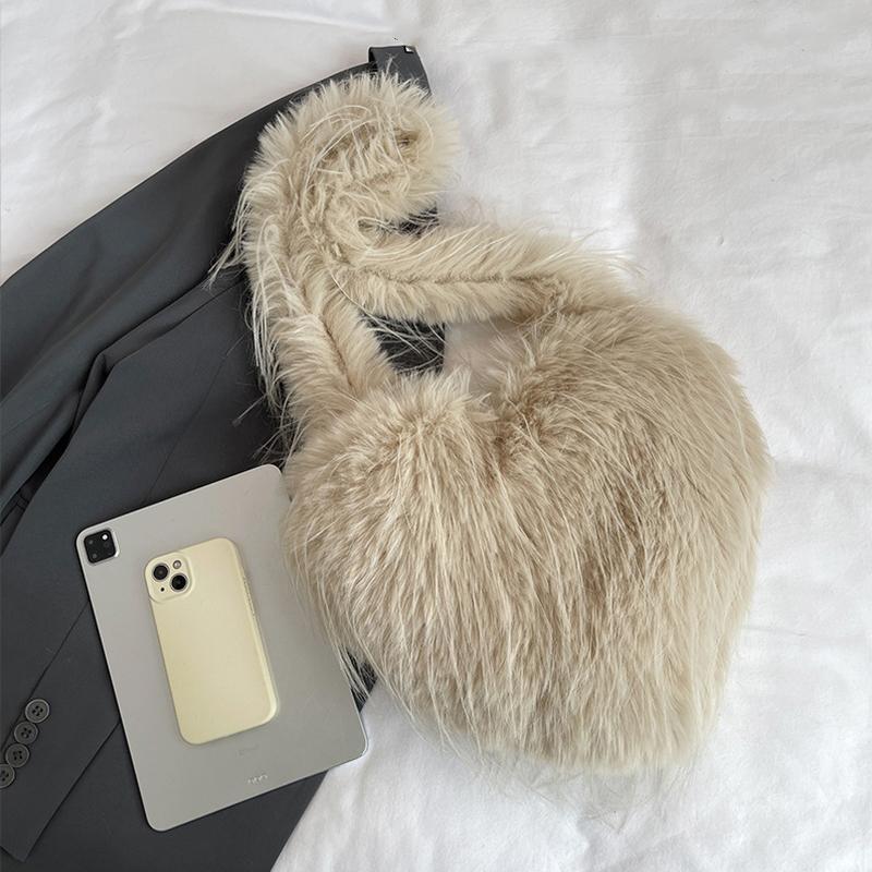 Women Fluffy Shoulder Bag Commuting Shopping Outdoor Travel Crossbody Bags Fashion Portable Female Heart Tote