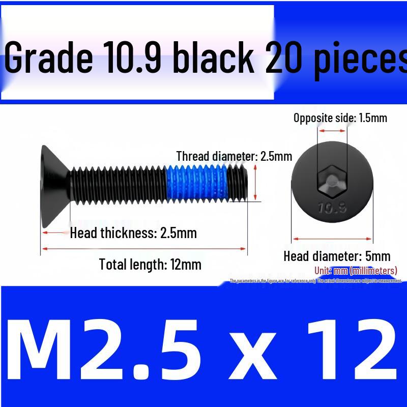 Black Anti-Slip Flat Cup Screw with Adhesive Blue Glue, Countersunk Hexagon Socket, Available in M2-M8 Sizes