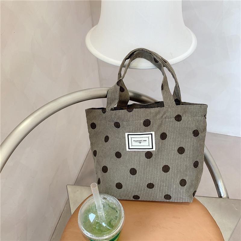 Vintage Corduroy Polka Dot Tote Bag For Women Soft Handle Cute Lunch Bag