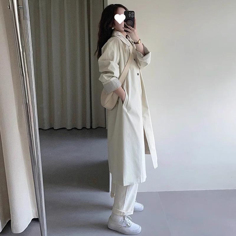 Damen Petites Beiger Mittellanger Trenchcoat: Britischer & Japanischer Stil, Frühling/Herbst, Lockerer Schnitt, Lässig