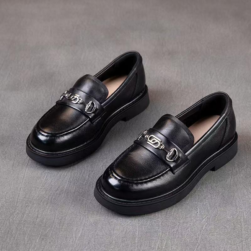 Leather retro one-pedal lazy shoes women's thick heel single shoes new small leather shoes flat bottom