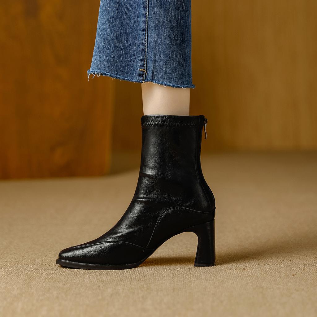 French Retro Square Head High-heeled Short Boots Women's Autumn New Rear Zipper Soft Leather Fashion Temperament Versatile Commuter Martin Boots