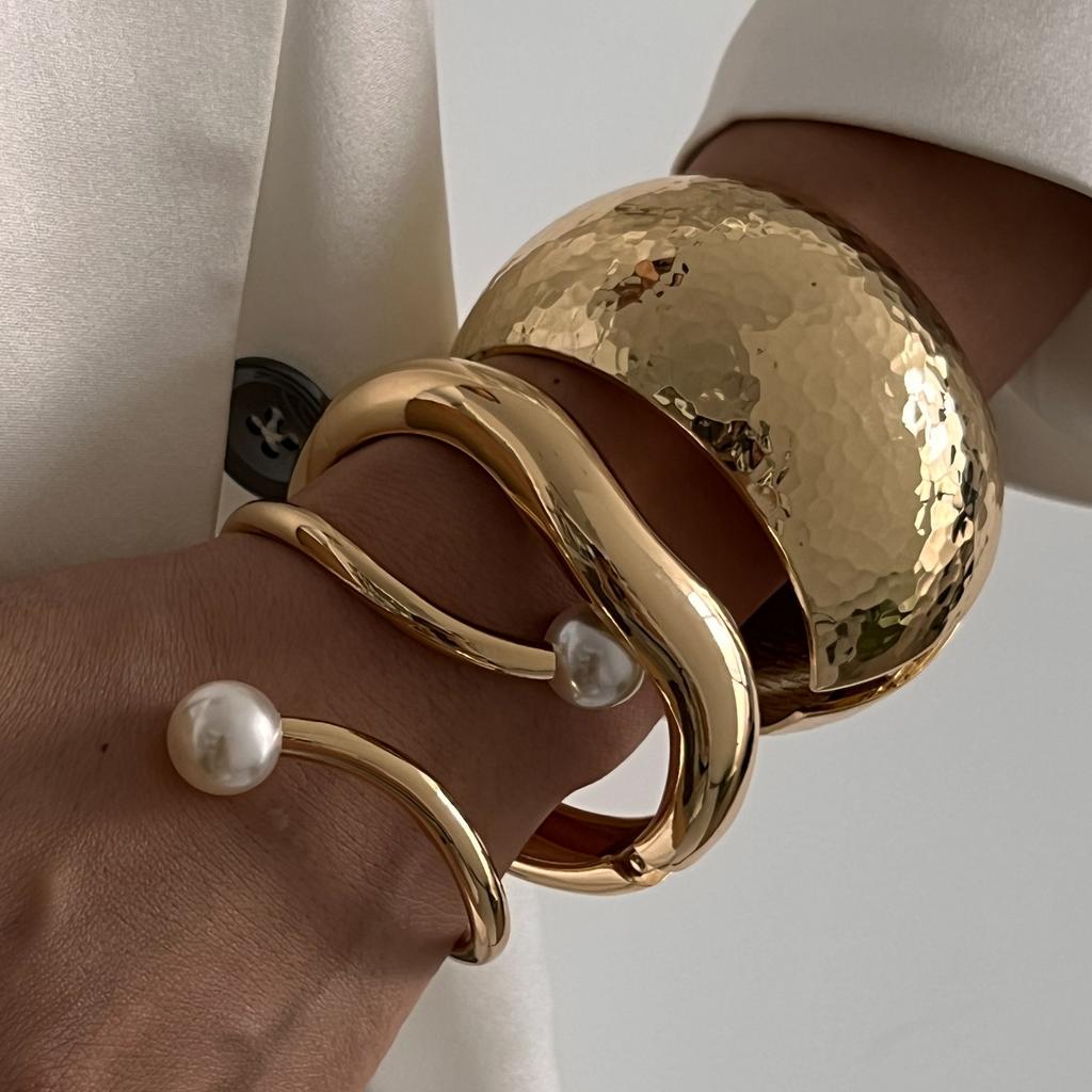 Ingemark Punk Hip Hop Irregular Metal Chunky Bangles for Women Vintage Fashion Gold Color Wave Spring Bracelets Men Jewelry Gift