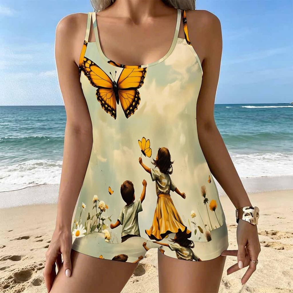 Women's Swimwear Tankini 2 Piece Swimsuit Butterfly Flowers  Pattern Vacation Bathing Suits