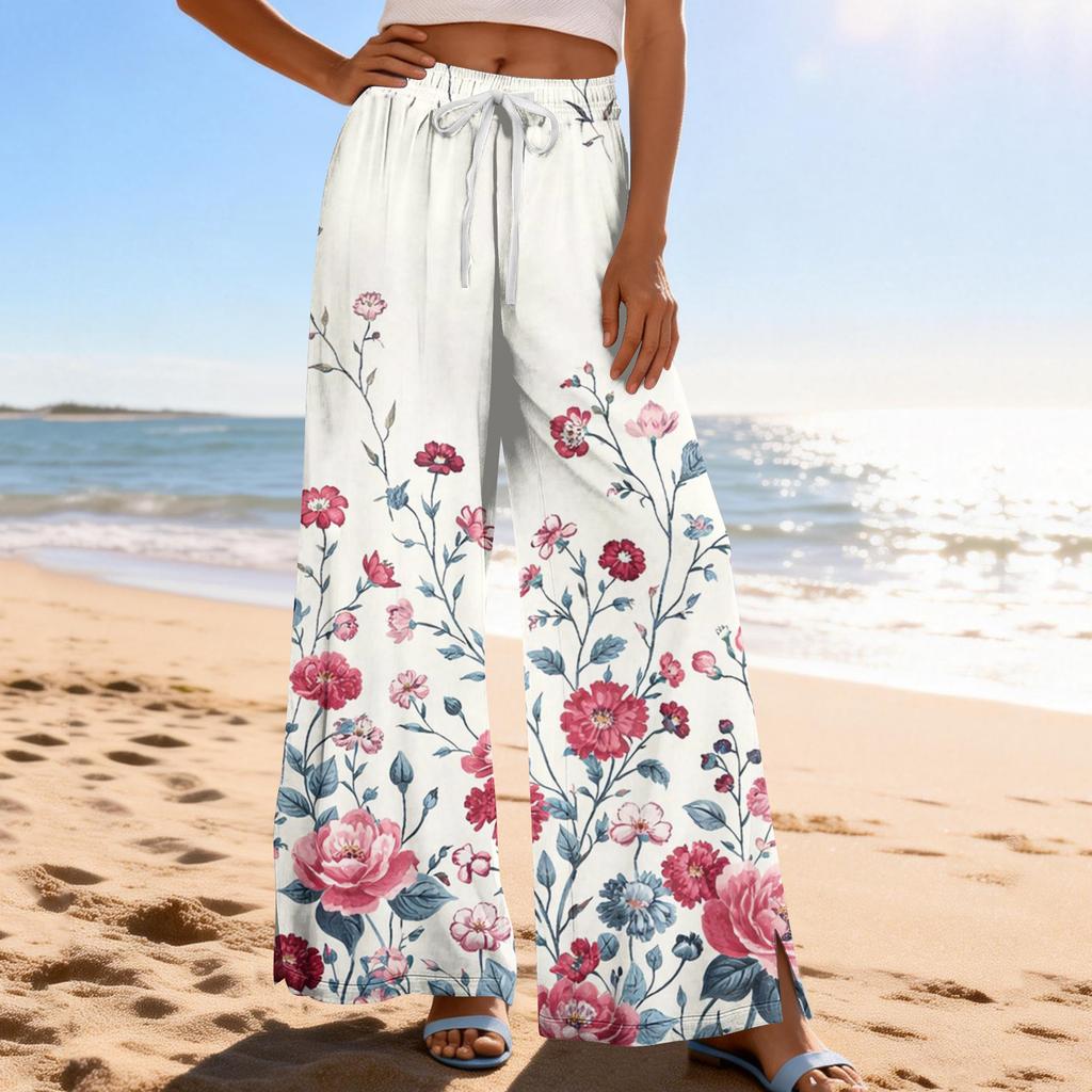 Women Summer Boho Palazzo Pants High Waist Wide Leg Printing Casual Trousers With Pockets