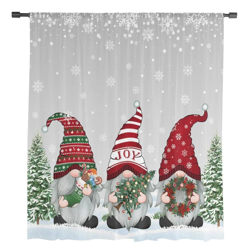 Xmas Winter Snow Flake Gnome Sheer Curtains Home Window Decorations Sheer Fabric Tulle Curtains For Living Room Bedroom Kitchen