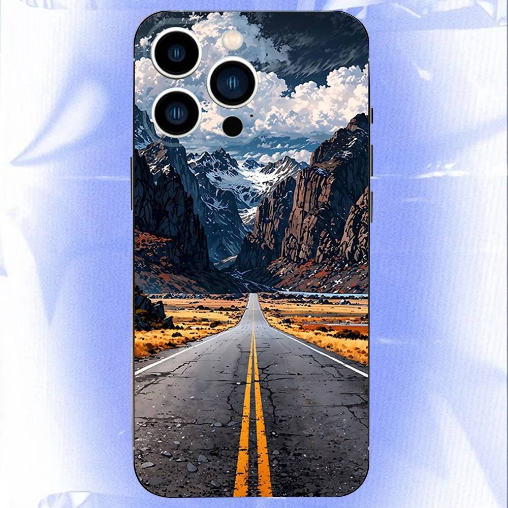 Snow Mountain Road Landscape Phone Case For iPhone 17,16,15,14,13,12,Pro,Max,Plus,E,SE4,Air,Mini Black Soft Box