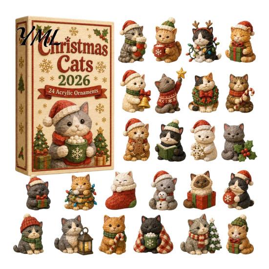 Cute Cat Collection Christmas Advent Calendar, 24 Day Countdown with Ornaments, Calendar for Girls 2D Acrylic Kitty Holiday Decorations, Gift
