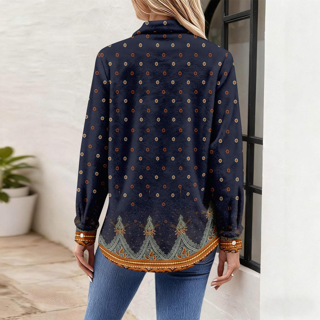 Damen-Hemdbluse, bedruckt, Knopfleiste, langärmelig, lässig, Basic, Hemdkragen, normales Oberteil