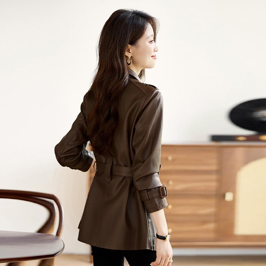 Suit Collar Leather Jacket Women's New Spring and Autumn Small Medium and Long Trench Coat Leather Jacket