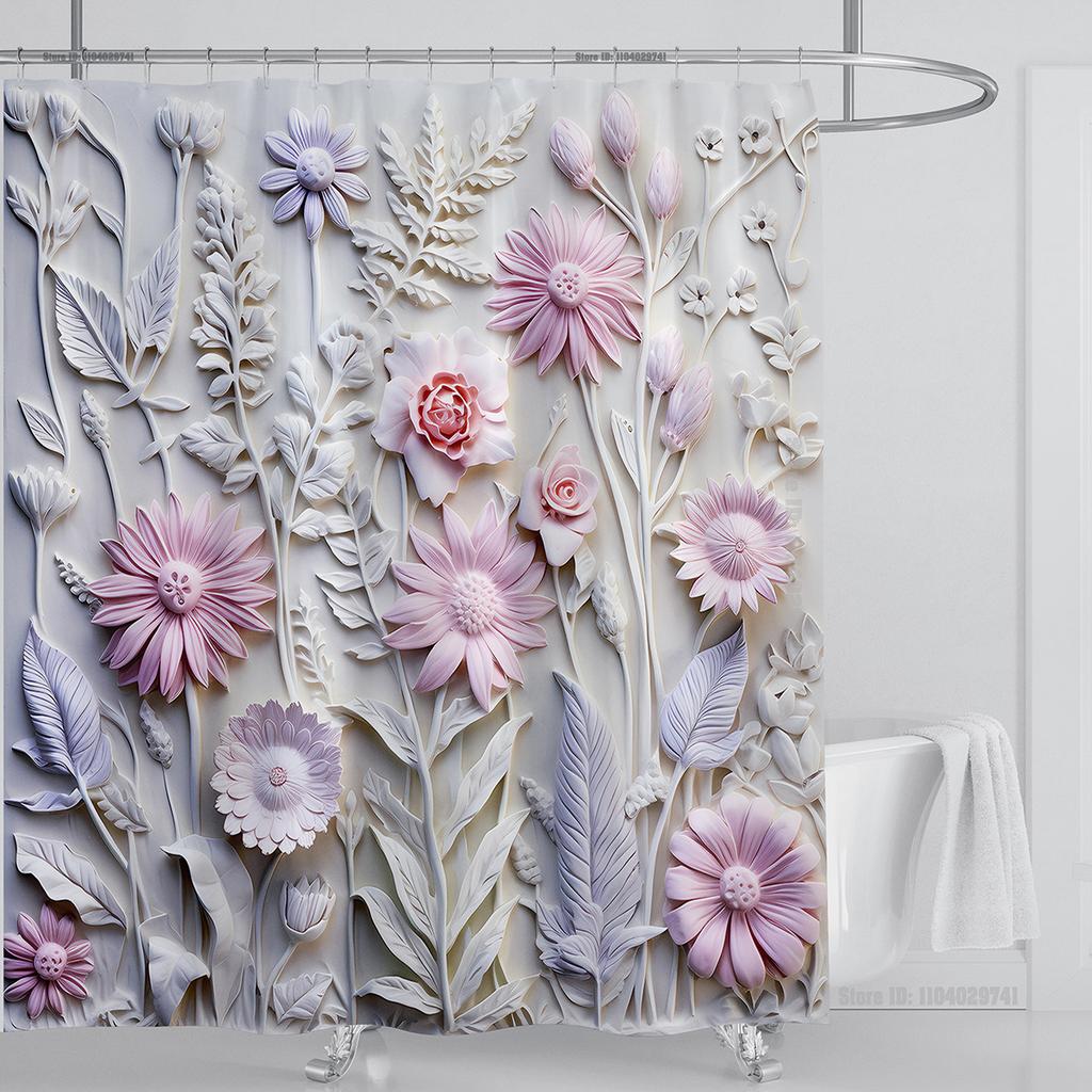 3D Floral Shower Curtain Set Orange Flower Design Fabric Bathroom Decor Waterproof Washable Shower Curtain Set with Hooks