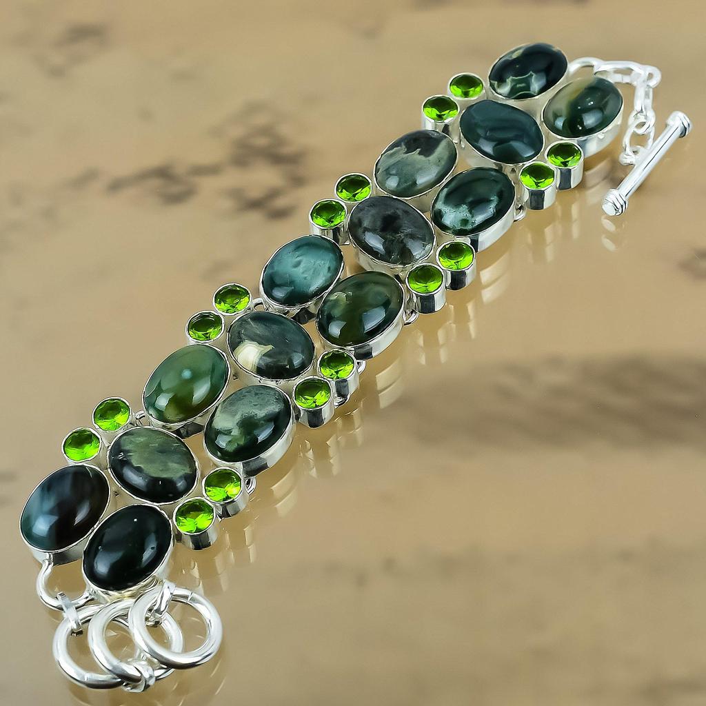 Gift For Her Natural Ocean Jasper Chain Adjustable Bracelet 925 Silver