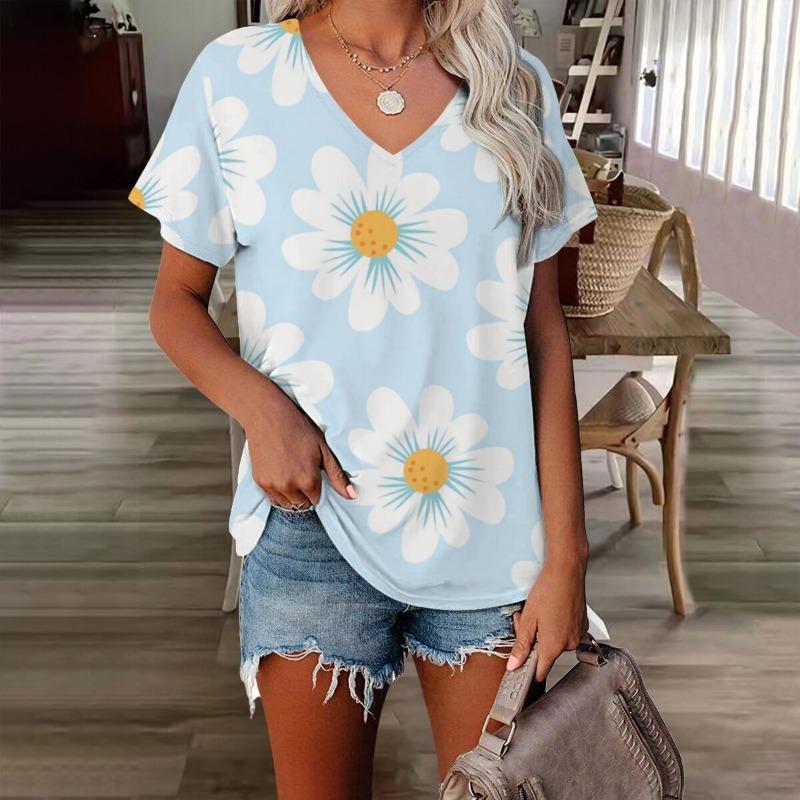 Blumen Damen V-Ausschnitt T-Shirt 3D-gedruckt Retro-Mode Casual bedruckte kurzärmlige Kleidung