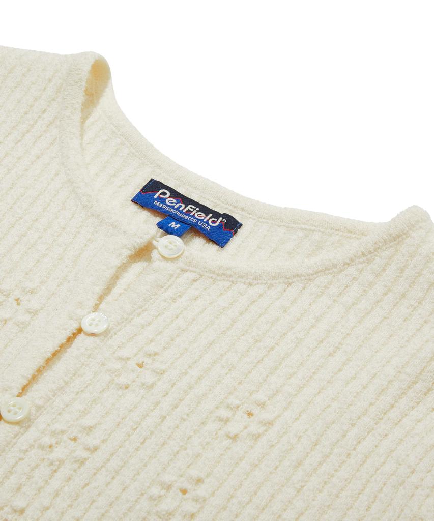 PENFIELD Round Neck Boucle Ribbed Flower Accent Short Sleeve Cardigan Off-White_Fs2Nj06F