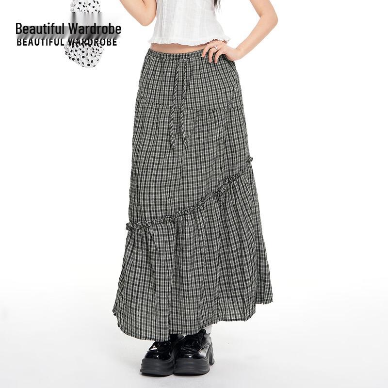 BEAUTIFUL WARDROBE Women s Retro Plaid Pleated Midi Skirt S