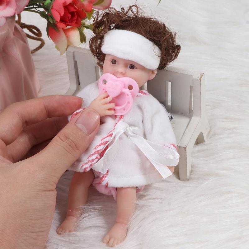 6'' Reborns Doll Mini Newborn Girl Doll Full Body Soft Silicone Life Like Doll with Brown Hair Realistic Doll Baby Toy