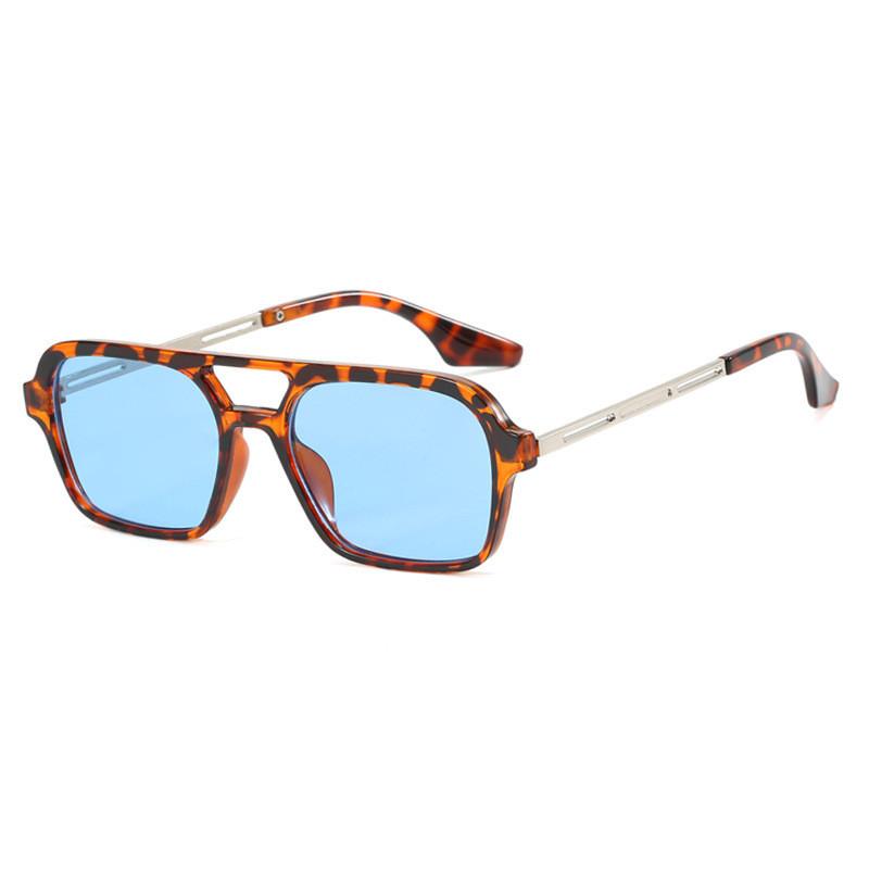 Retro Rectangular Double Bridge Sunglasses for Women, Fashionable Retro Leopard Print Frame, Blue Sunglasses