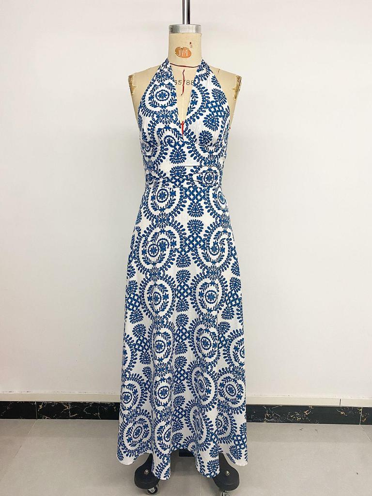 2026 Women's Summer Beach Halter Print Long Dress - Backless, Sleeveless, and Perfect for Vacation.