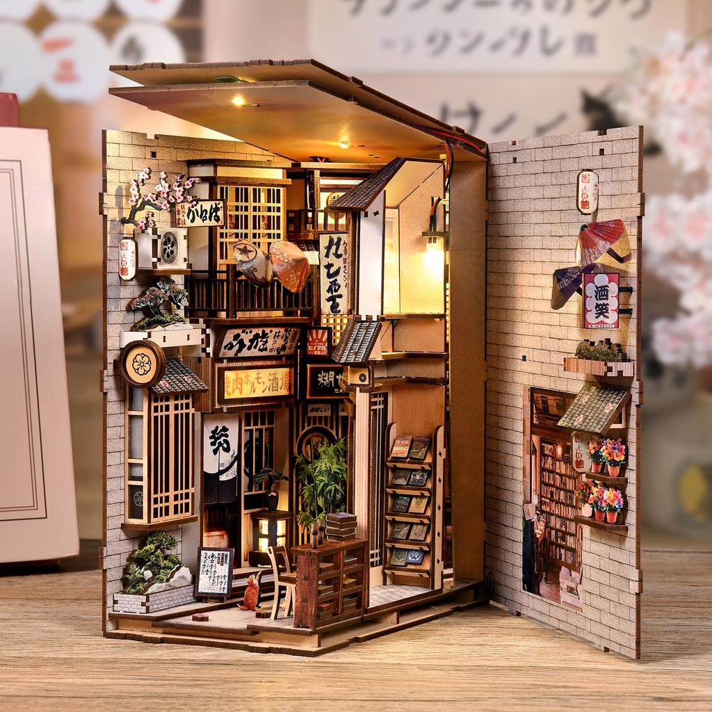CRESYMME Miniature House Dollhouse Book Nook Kit Wooden DIY 3D Hobby Handmade (Cat Waiting Alley)