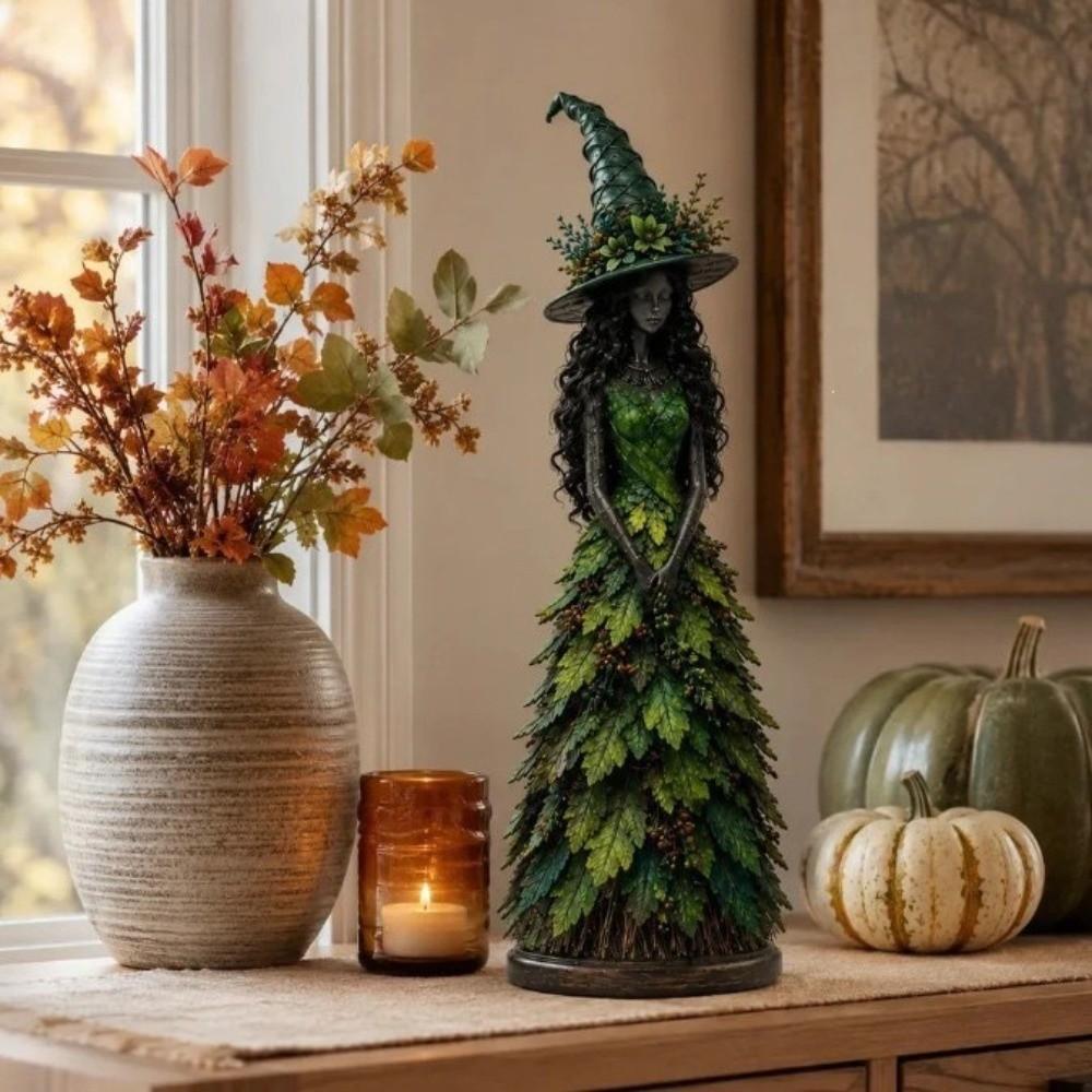 Figurina Strega Autunnale Vintage Abito di Foglie Strega di Foglie Ornamento in Resina Halloween Raccolta