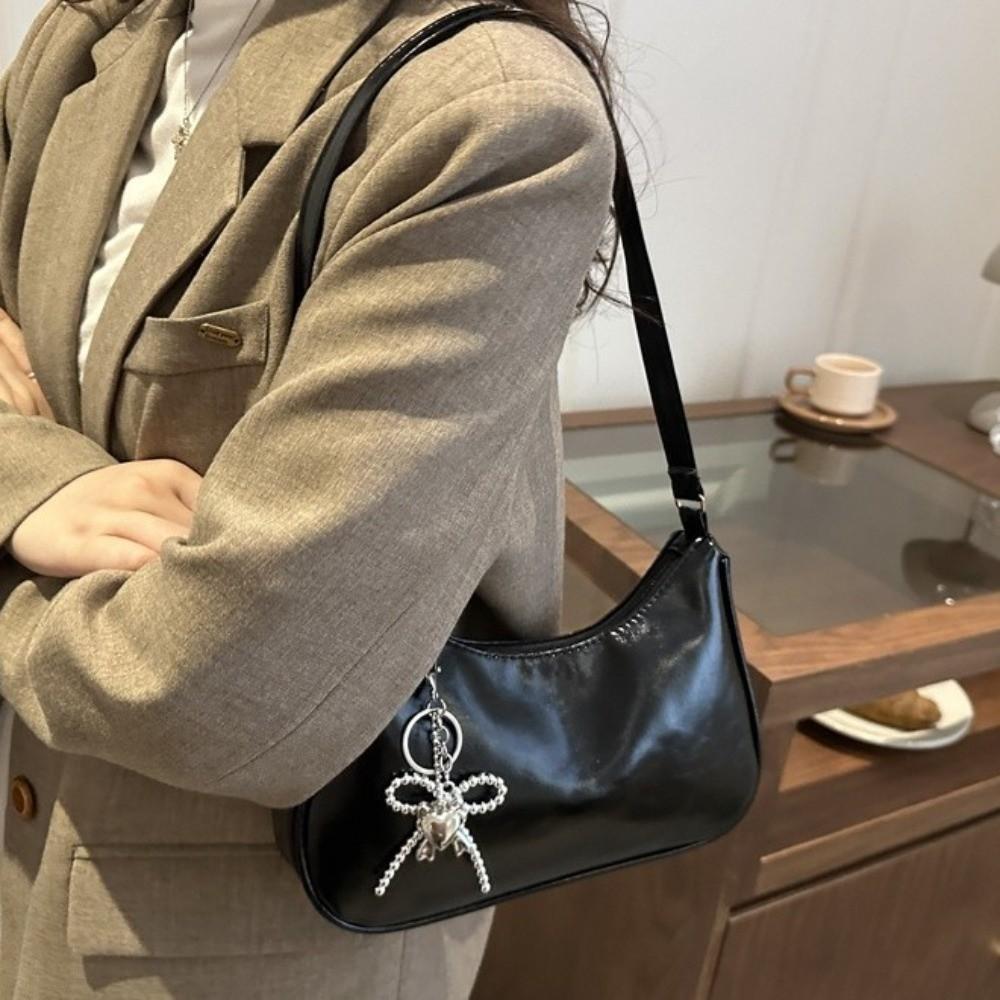 Solid Color Oil Wax Leather Crossbody Bag Elegant Underarm Bag Trendy Crescent Bag  Casual Wear