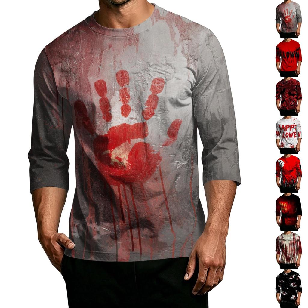 Men Casual Halloween Print Crew Neck T Shirt Three Quarter Sleeve Top Lightweight Comfortable Fit