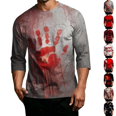 Men Casual Halloween Print Crew Neck T Shirt Three Quarter Sleeve Top Lightweight Comfortable Fit