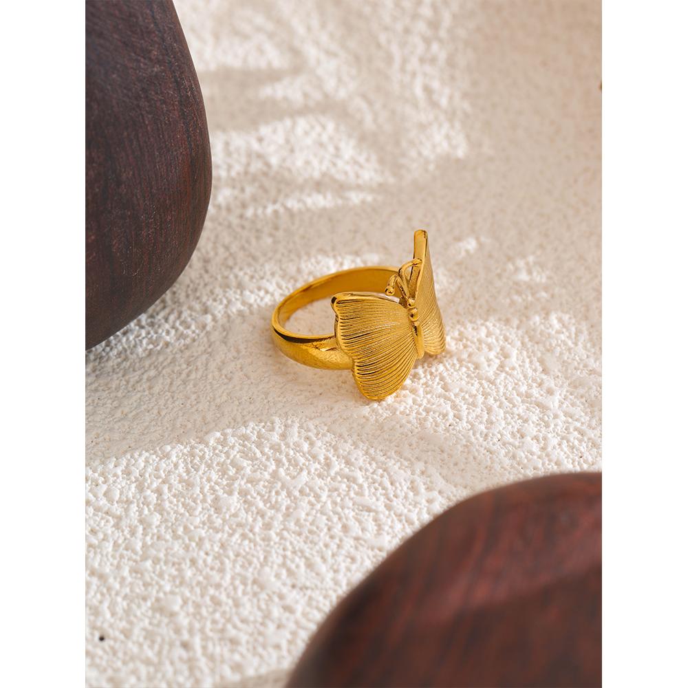 Yhpup Roestvrij Staal Metaal Gegoten Geïntegreerde Vlinder Mode Ring 18K PVD Gecoat Waterdicht Textuur Goudkleur Mode Sieraden