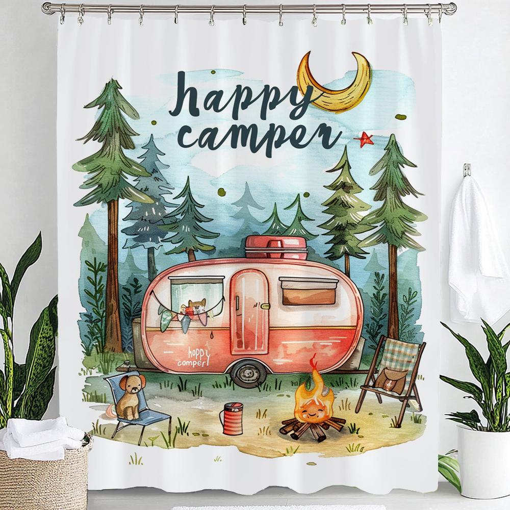 Happy Campers Cartoon Printing Shower Curtain Bathroom Decoration Curtain,Hanging Curtain With Hooks Machine Washable