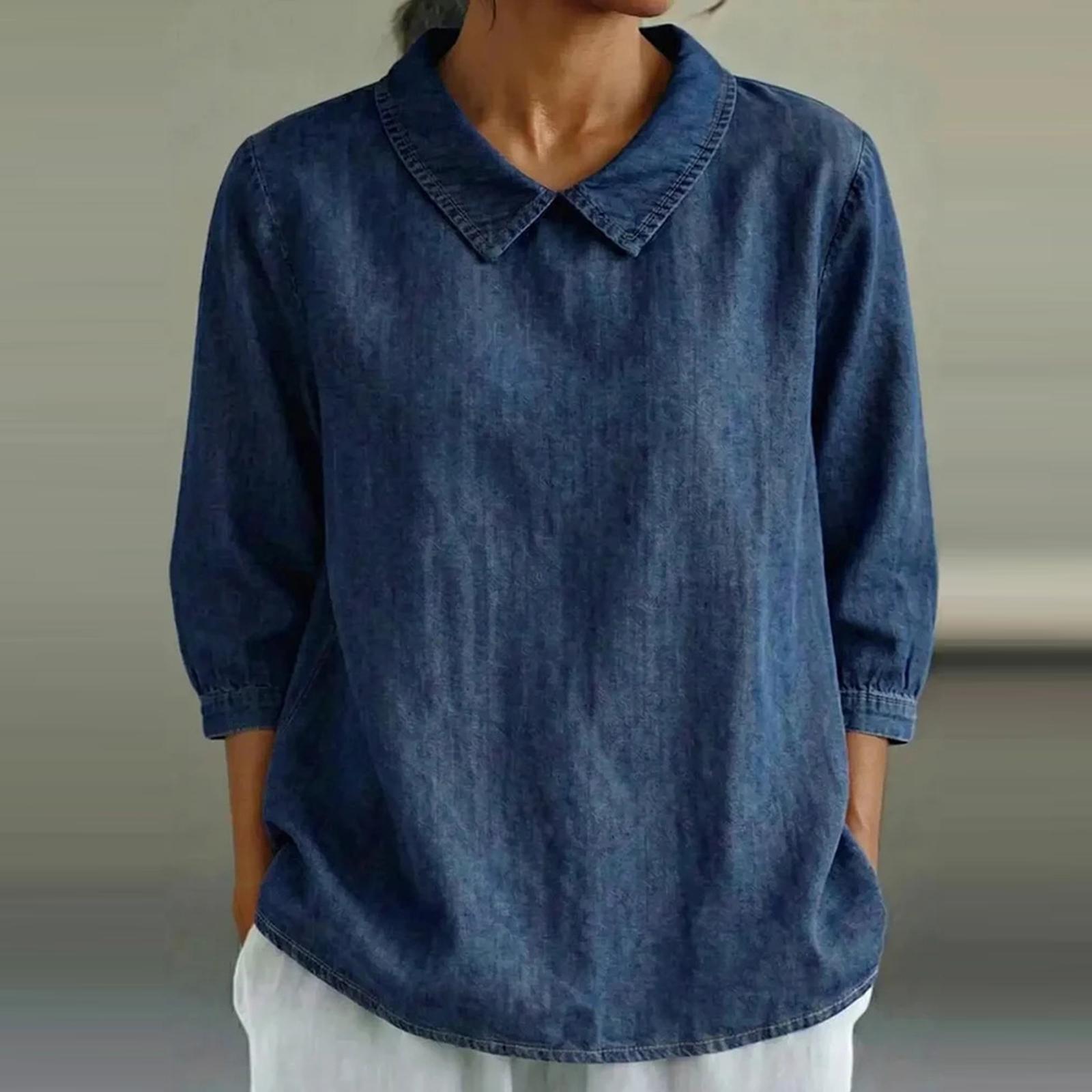 Women s Color Loose Flared Collar Shirt Women s Casual Denim Three-Quarter Sleeve Top XL темно-синий