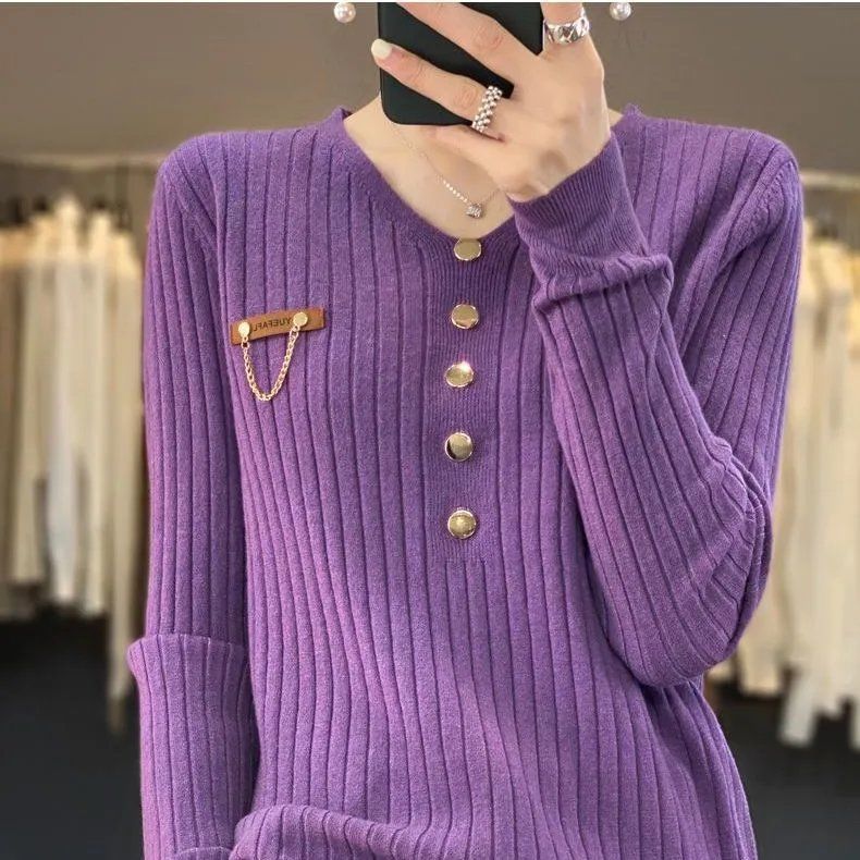 Podzimní a zimní svetr v korejském stylu s výstřihem do V Dámská móda Volný svetr Univerzální košile se spodním okrajem